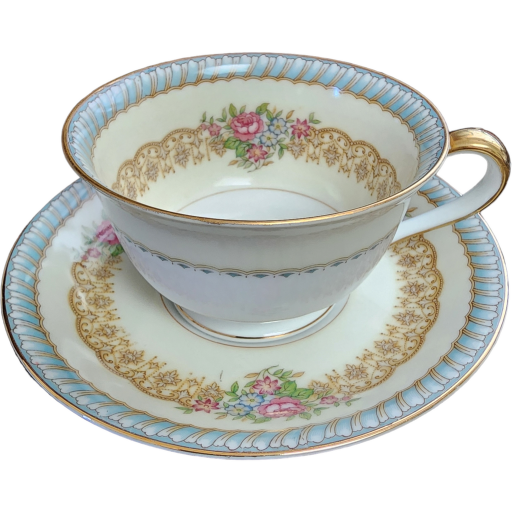 Noritake Juno Blue & Tan Band Flowers Tan Scrolls Footed Cup & Saucer Set Japan
