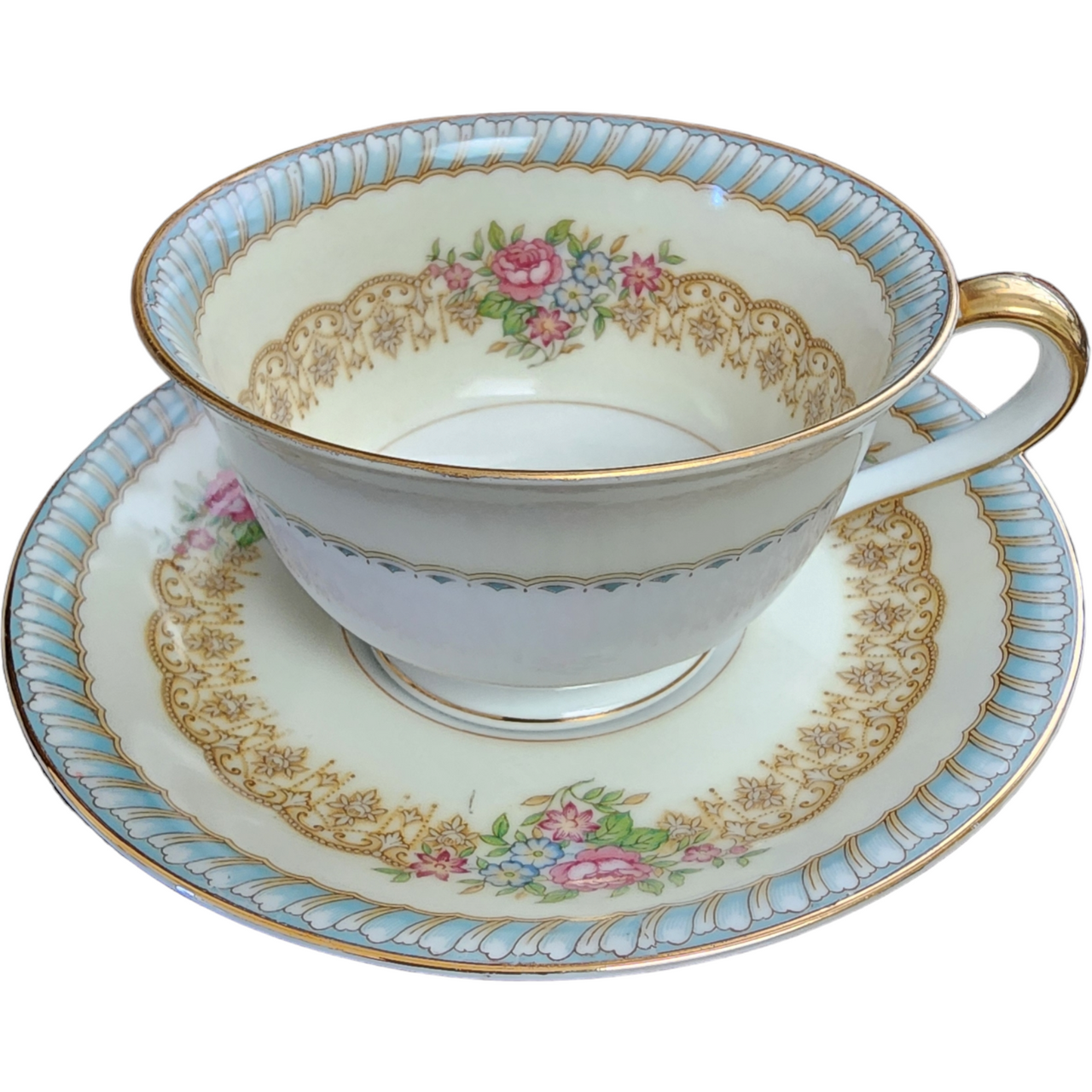 Noritake Juno Blue & Tan Band Flowers Tan Scrolls Footed Cup & Saucer Set Japan