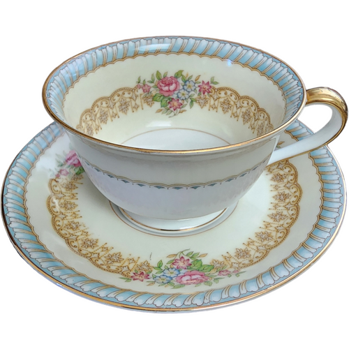 Noritake Juno Blue & Tan Band Flowers Tan Scrolls Footed Cup & Saucer Set Japan