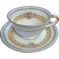 Noritake Juno Blue & Tan Band Flowers Tan Scrolls Footed Cup & Saucer Set Japan