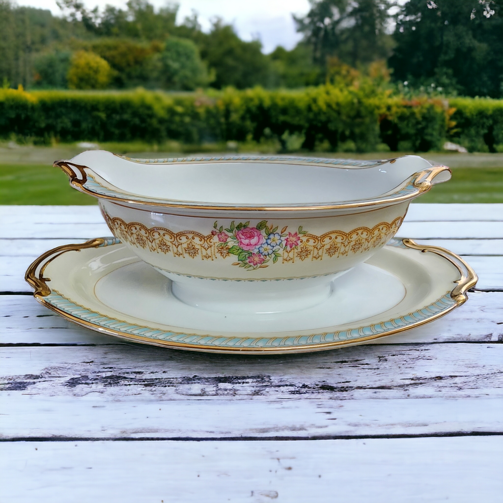 Noritake Juno Blue & Tan Band Flowers Tan Scrolls Rim Gravy Boat with Attached Underplate Japan