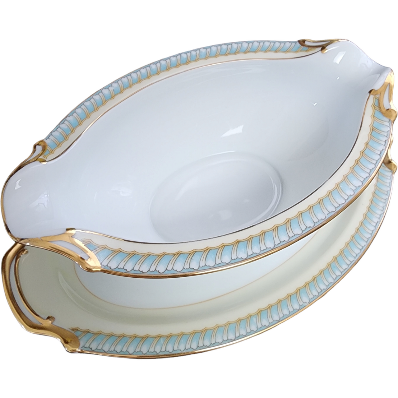 Noritake Juno Blue & Tan Band Flowers Tan Scrolls Rim Gravy Boat with Attached Underplate Japan