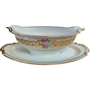 Noritake Juno Blue & Tan Band Flowers Tan Scrolls Rim Gravy Boat with Attached Underplate Japan