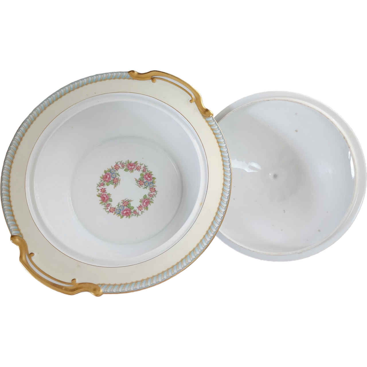 Noritake Juno Blue & Tan Band Flowers Tan Scrolls Round Covered Vegetable Japan