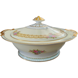 Noritake Juno Blue & Tan Band Flowers Tan Scrolls Round Covered Vegetable Japan