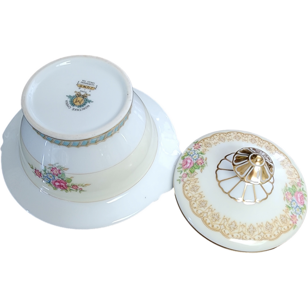 Noritake Juno Blue & Tan Band Flowers Tan Scrolls Sugar Bowl & Lid Japan