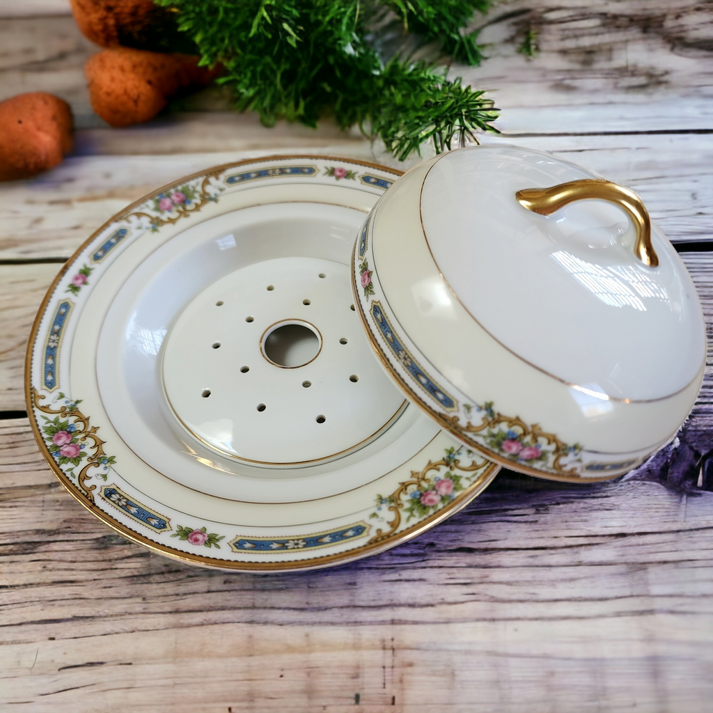 Noritake Ybry Blue & Tan Edge, Pink Roses, Cream Band Round Covered Butter