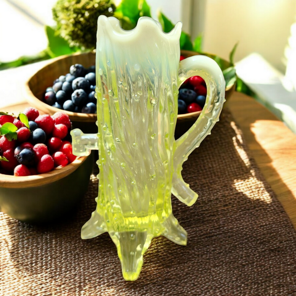 Northwood Vaseline Opalescent Glass Town Pump Embossed Treek Trunk Vase