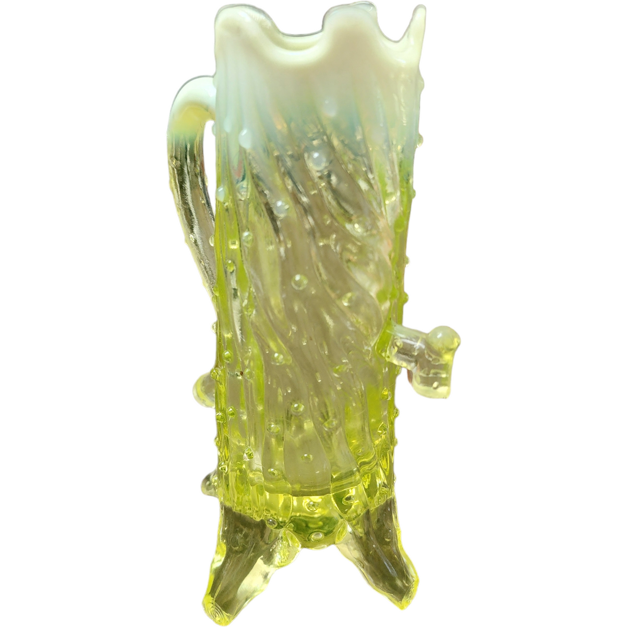 Northwood Vaseline Opalescent Glass Town Pump Embossed Treek Trunk Vase