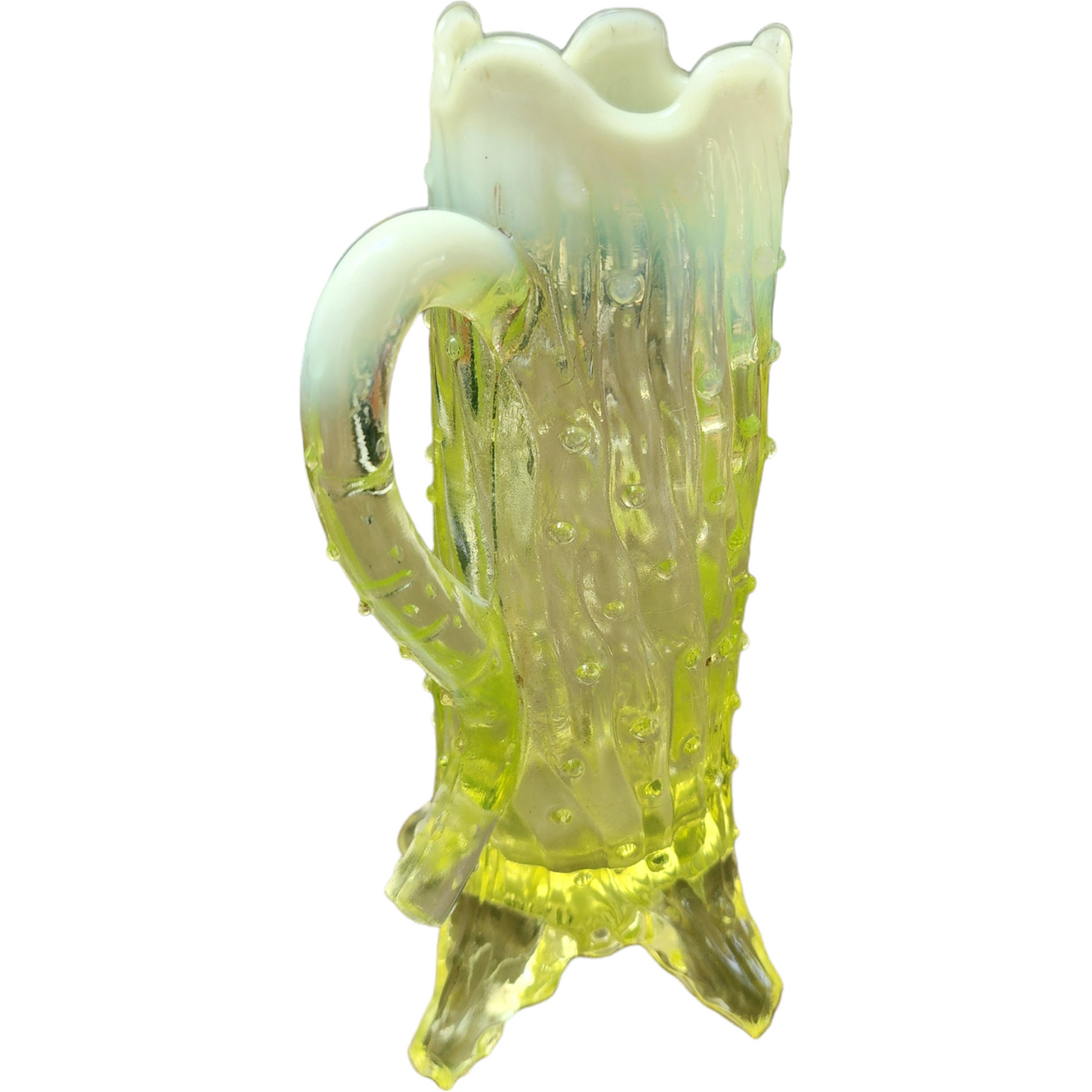 Northwood Vaseline Opalescent Glass Town Pump Embossed Treek Trunk Vase