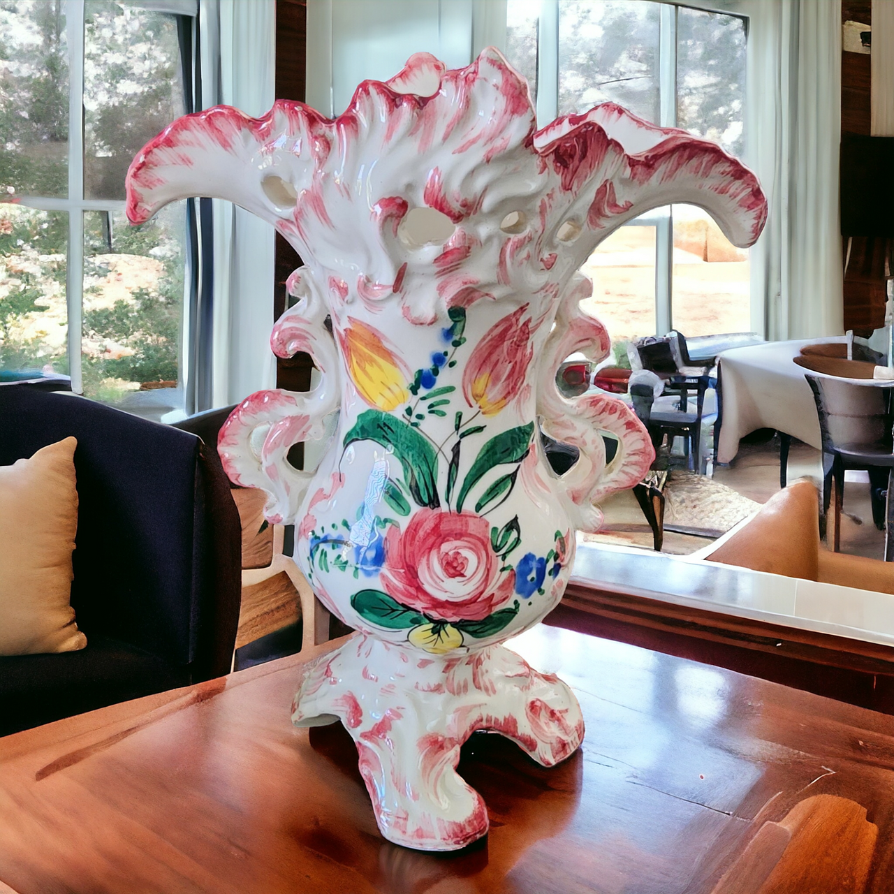 Nove Rose Blue Dot-Dash Edge, Floral Vase Italy