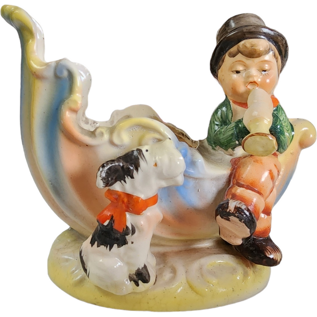 Occupied Japan Baby Nursery Planter Boy Horn Dog Boat Vase Figurine