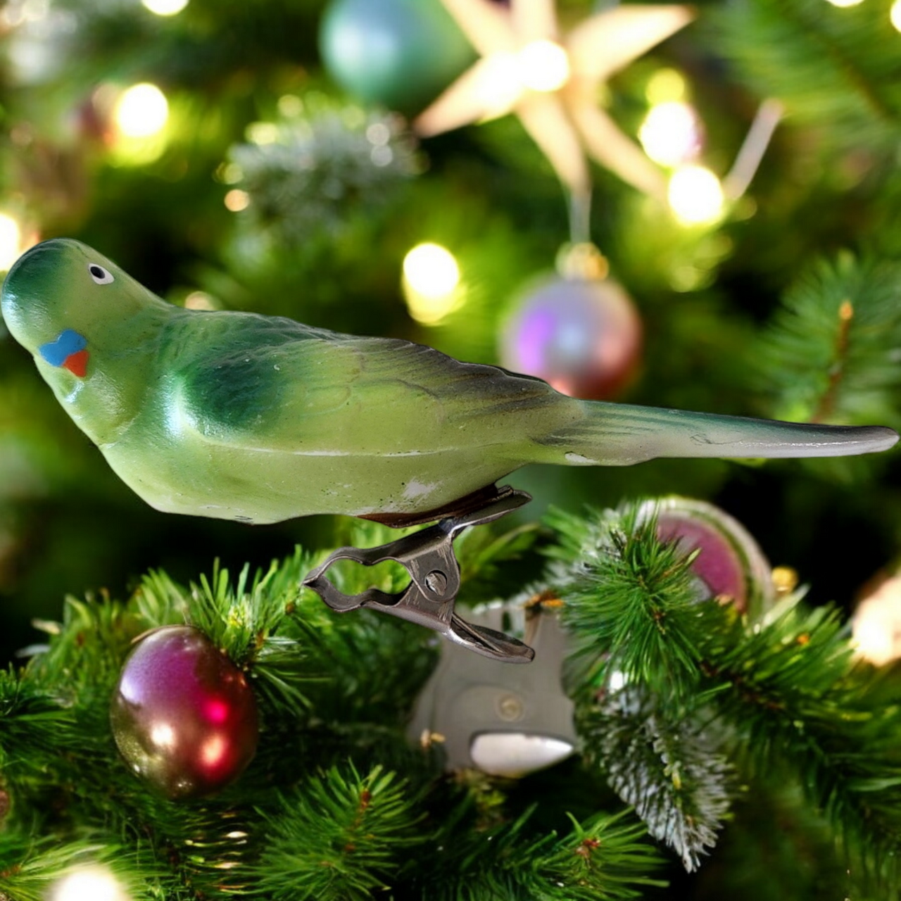 Occupied Japan Clip On Porcelain Green Budgie Parakeet Bird Christmas Ornament