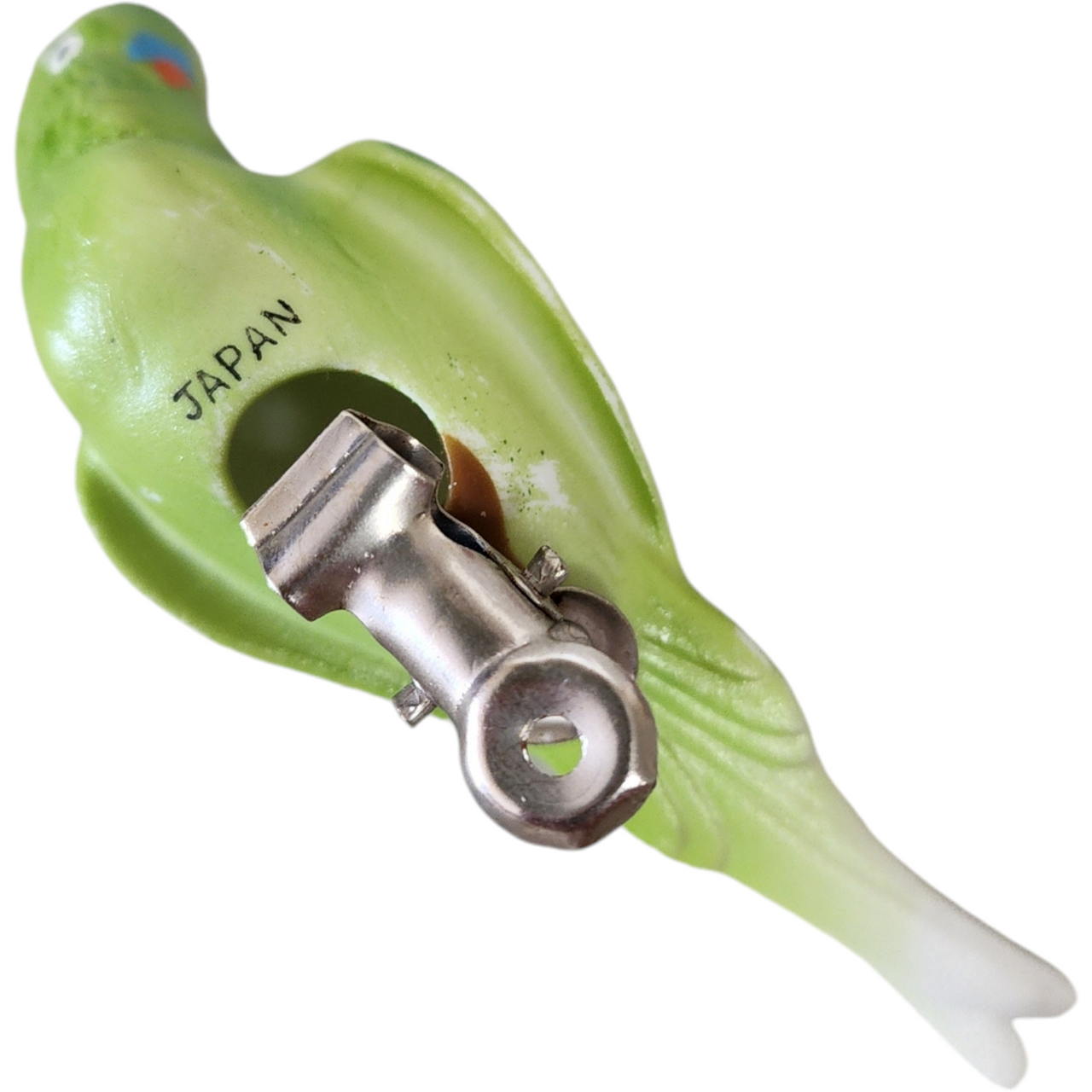 Occupied Japan Clip On Porcelain Green Budgie Parakeet Bird Christmas Ornament