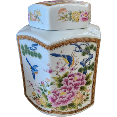 Occupied Japan Porcelain Hexagonal Ginger Jar Hummingbird With Lid