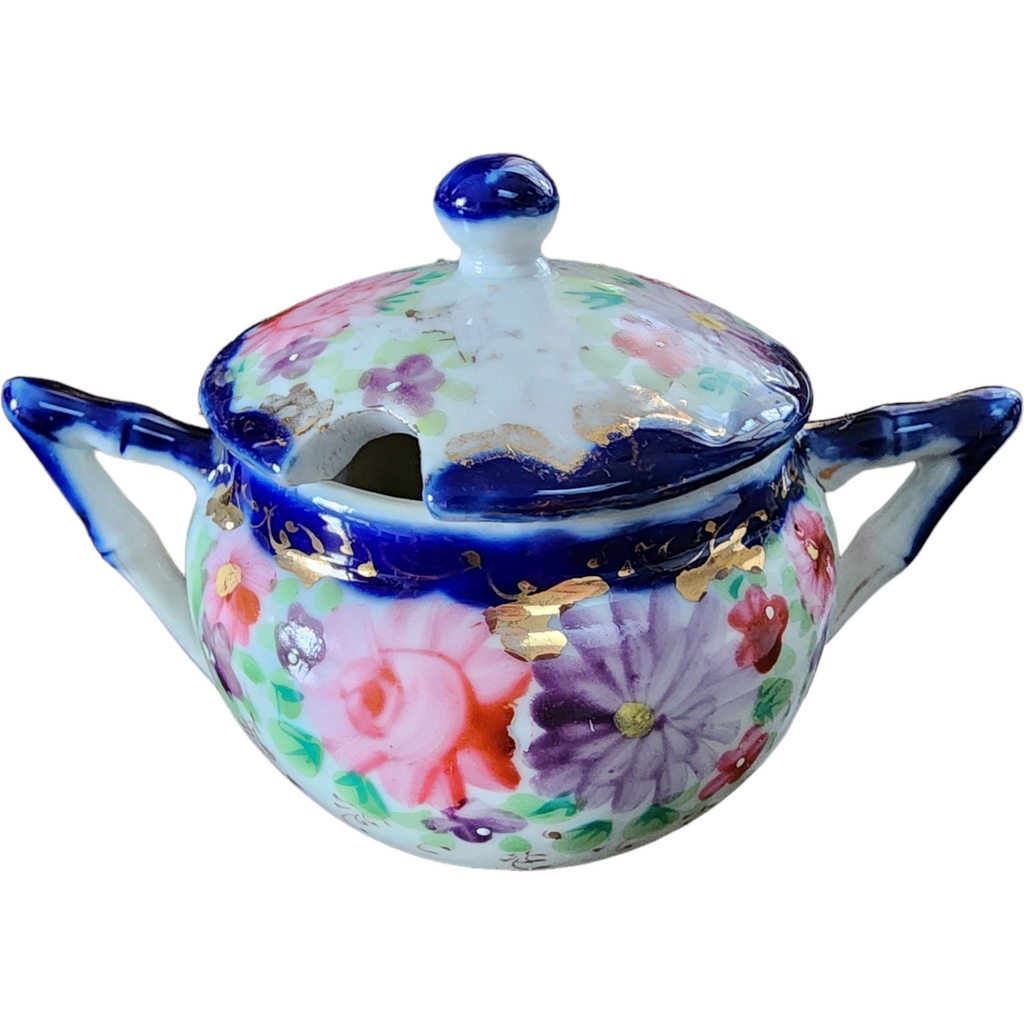 Occupied Japan Gold Srolls/Cobalt Edge, Floral Sugar Bowl & Lid Japan