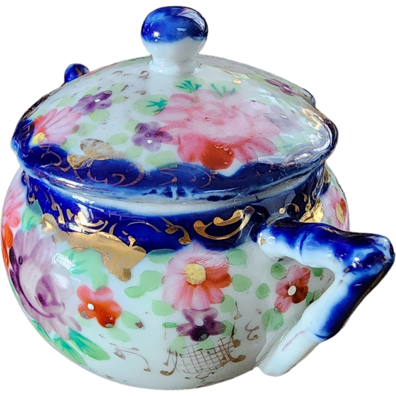 Occupied Japan Gold Srolls/Cobalt Edge, Floral Sugar Bowl & Lid Japan