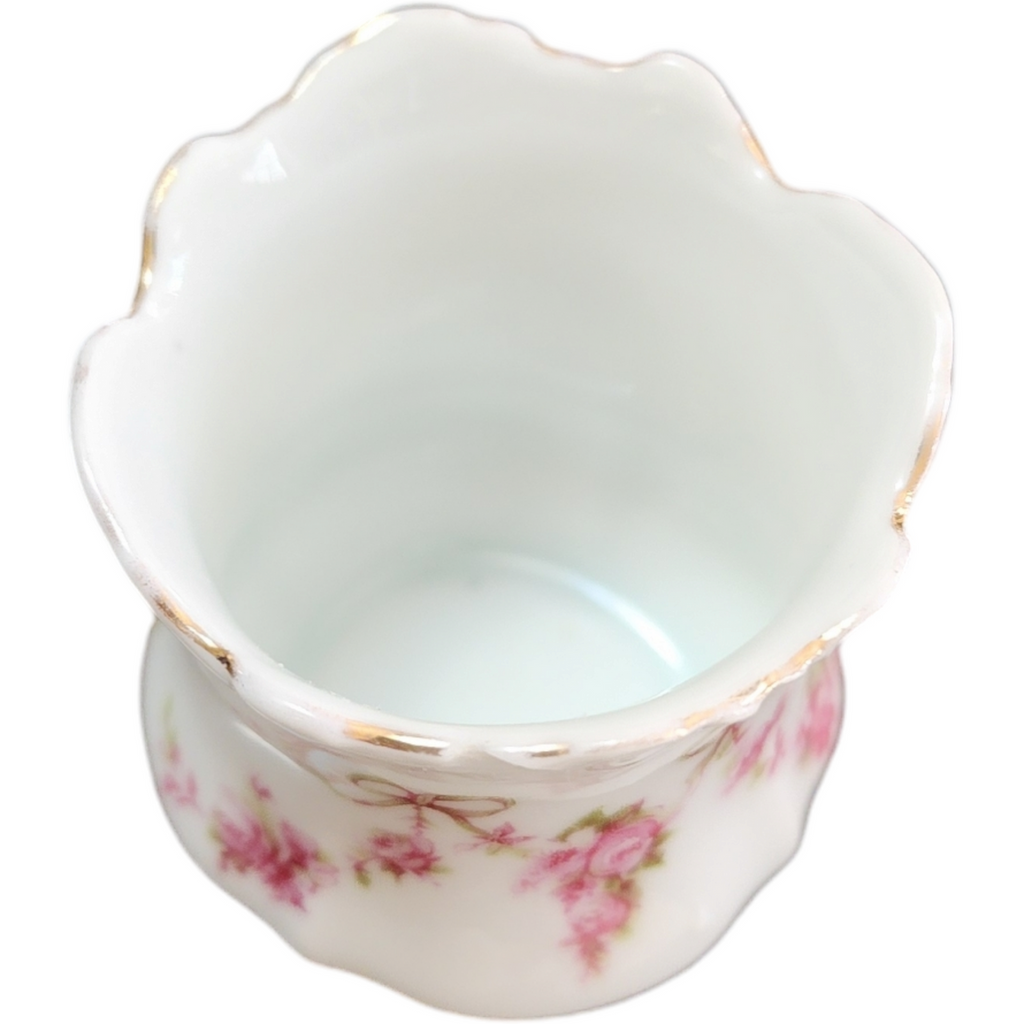 Ohme Hermann Porcelain Pink Flowers Scalloped Gold Toothpick Holder