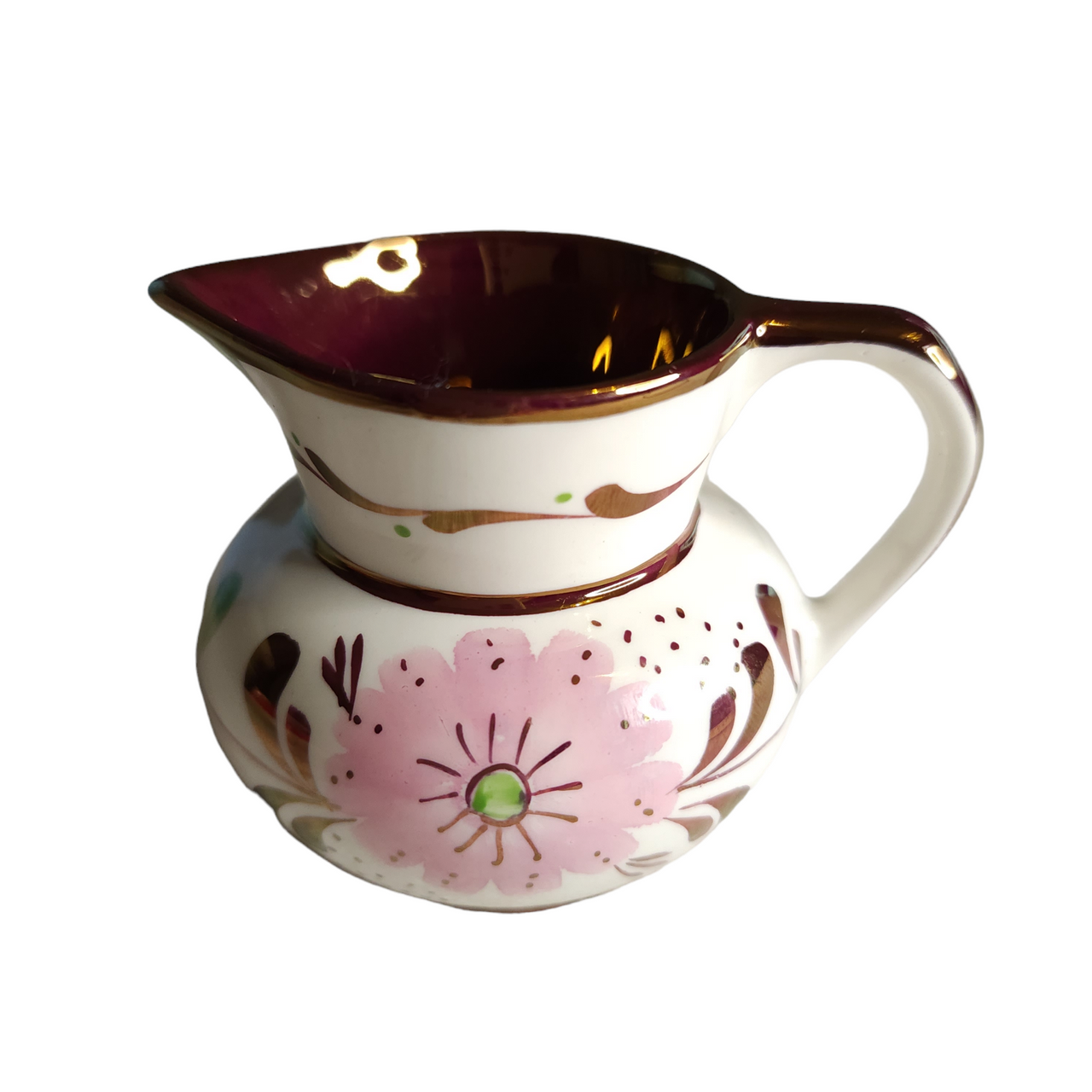 Old Castle Pink Flowers Copper Trim And Bands Individual Creamer