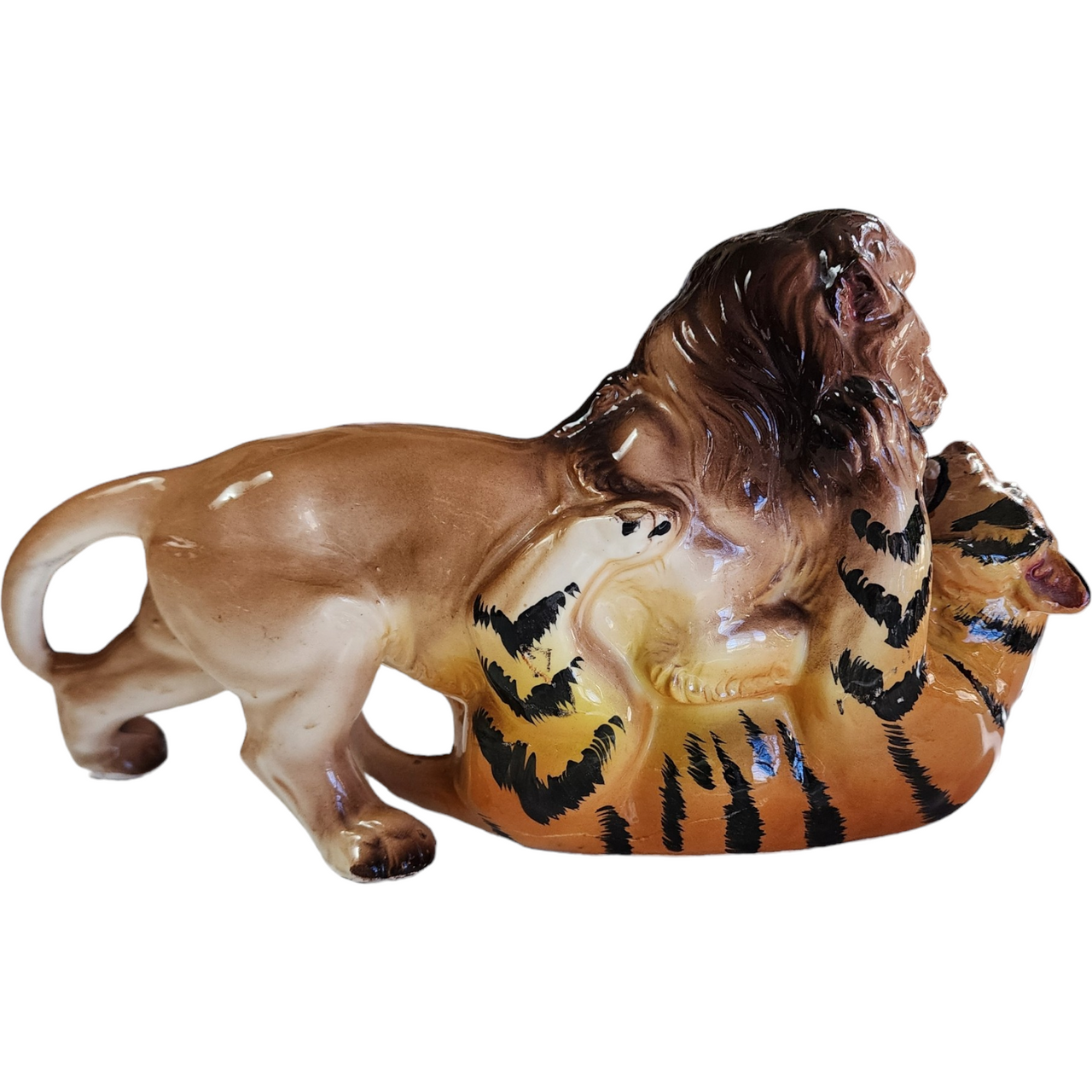 Original Dee Bee Hand Painted Ceramic Fighting Lion Tiger Figurine Japan