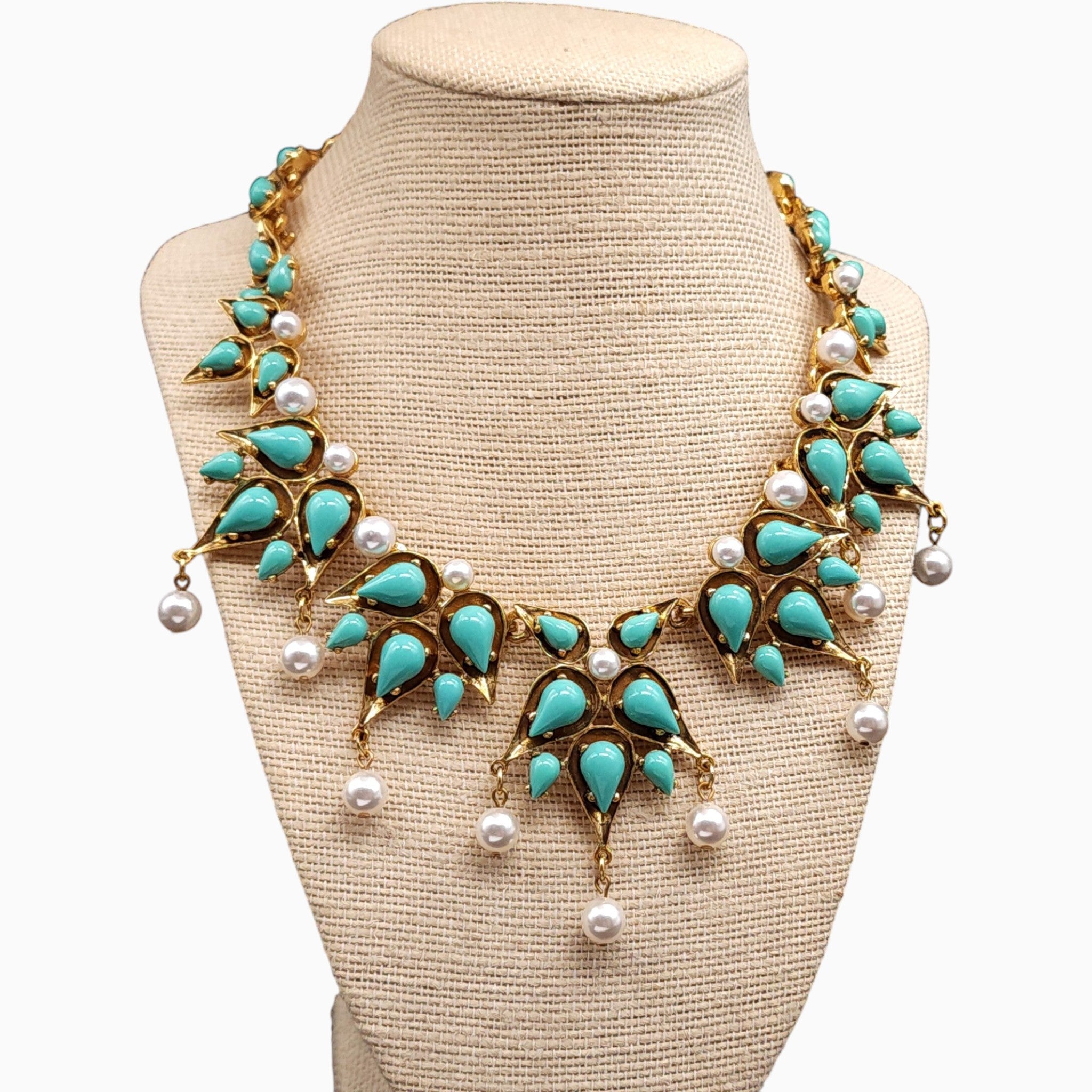 Oscar de la Renta Turquoise Faux Pearl Gold Tone Statement Drop Necklace