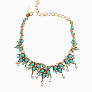 Oscar de la Renta Turquoise Faux Pearl Gold Tone Statement Drop Necklace