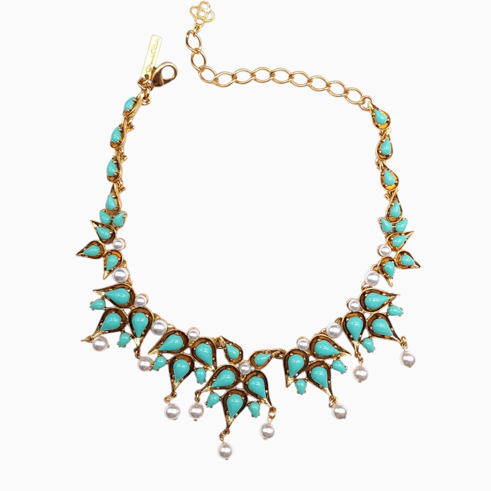 Oscar de la Renta Turquoise Faux Pearl Gold Tone Statement Drop Necklace