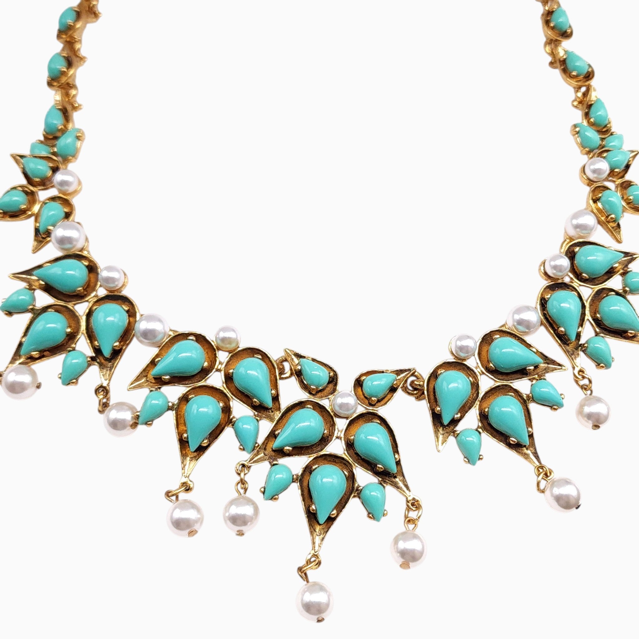 Oscar de la Renta Turquoise Faux Pearl Gold Tone Statement Drop Necklace