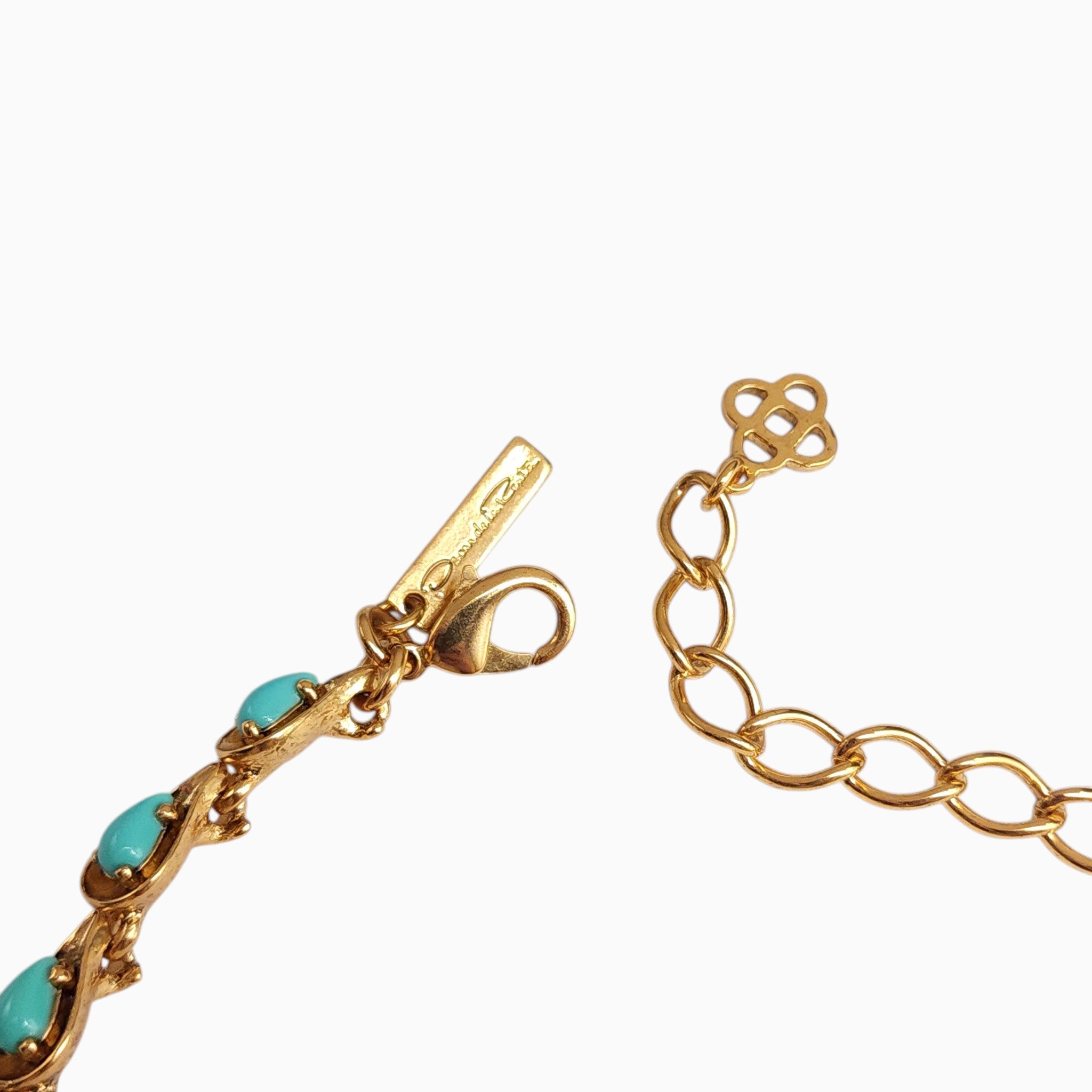 Oscar de la Renta Turquoise Faux Pearl Gold Tone Statement Drop Necklace