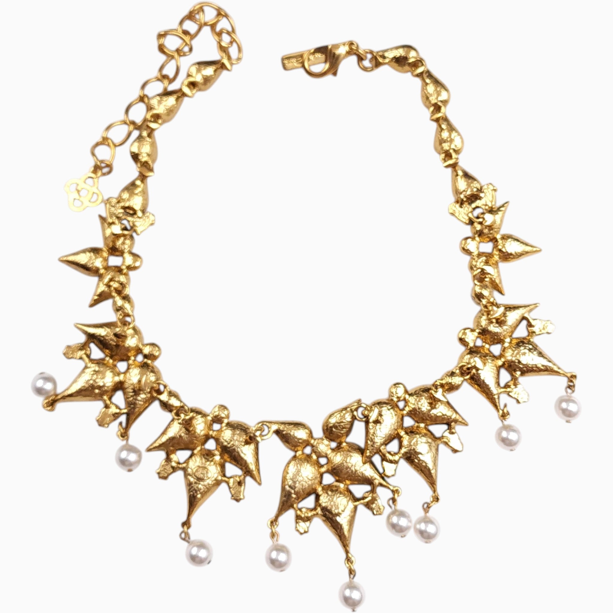 Oscar de la Renta Turquoise Faux Pearl Gold Tone Statement Drop Necklace