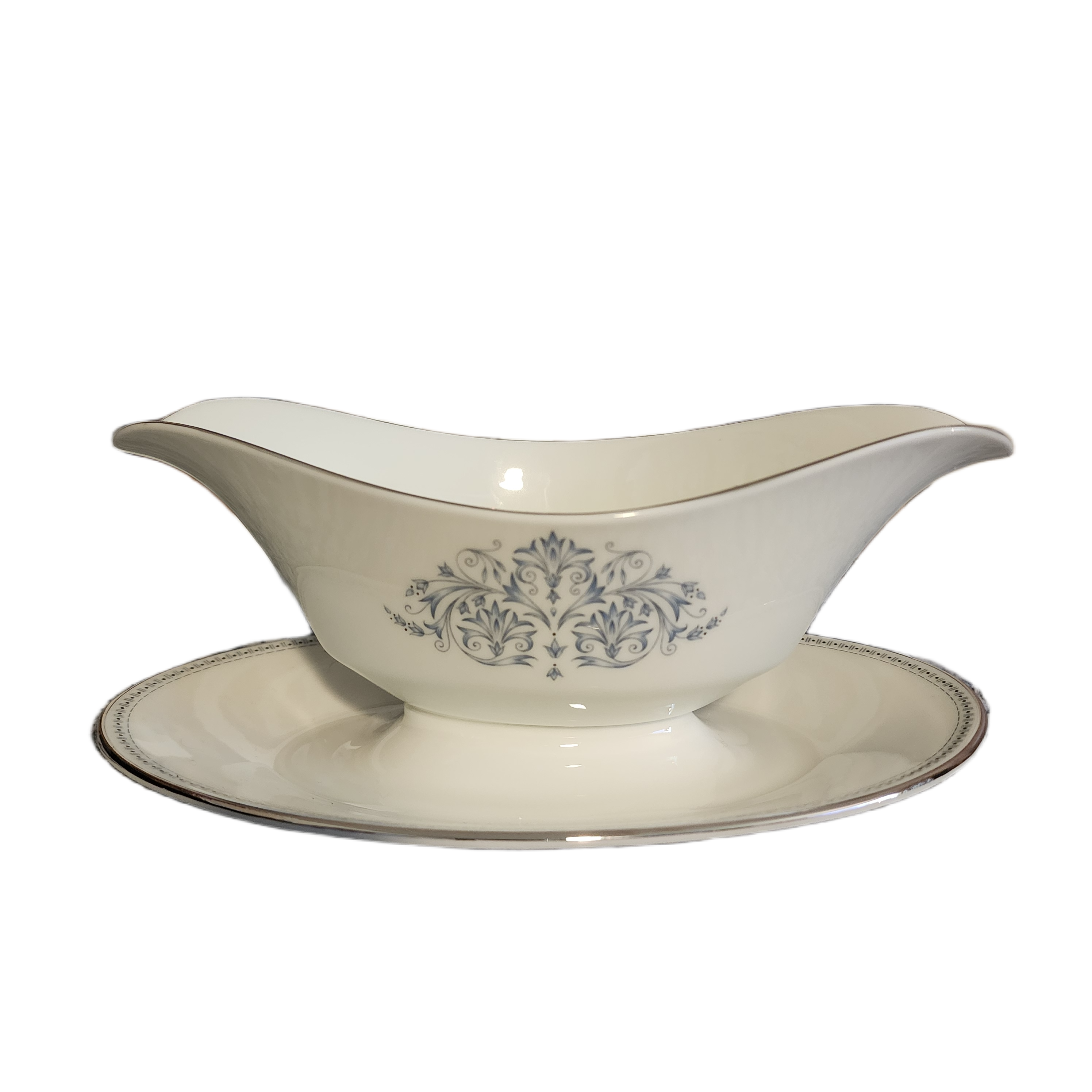 Oxford Bone China White & Blue Floral Gravy Boat with Attached Underplate