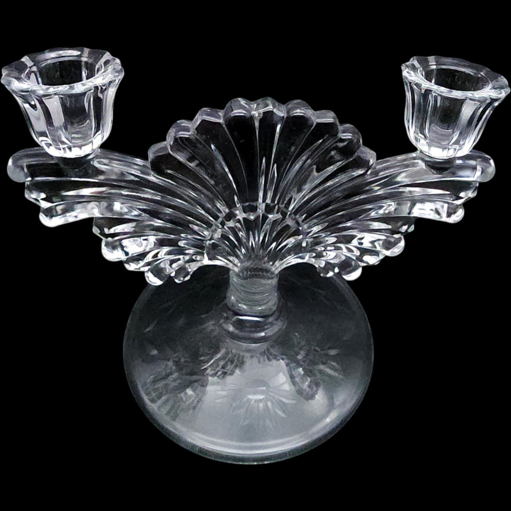 Paden City Glass Clear Fan Double Light Candlestick Holders Pair