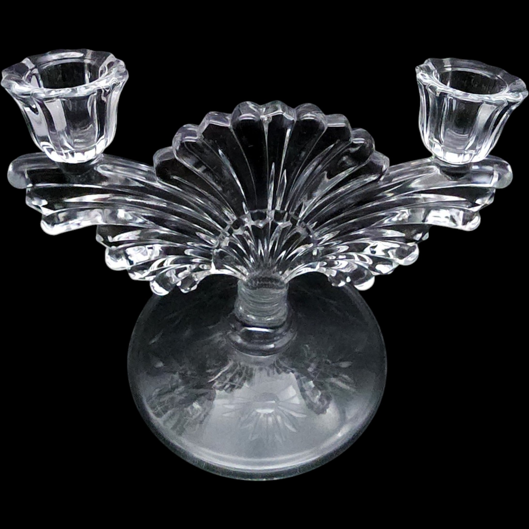 Paden City Glass Clear Fan Double Light Candlestick Holders Pair