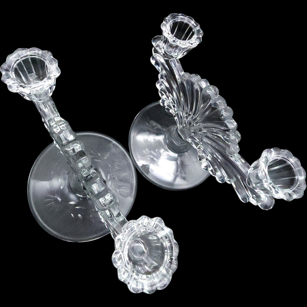 Paden City Glass Clear Fan Double Light Candlestick Holders Pair