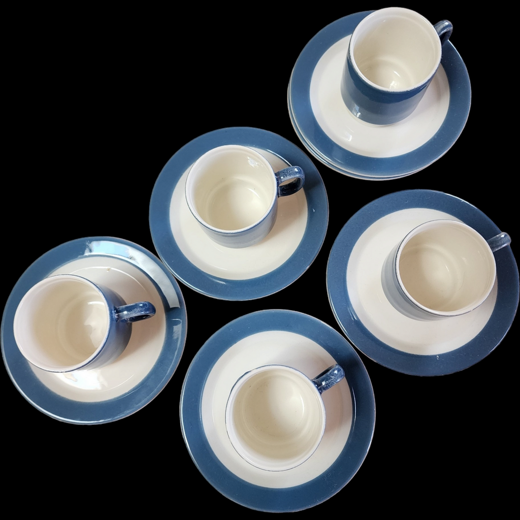 Pagnossin Blue-Gray Border Cream Flat Cup & Saucer 11 Pieces  Set of 5