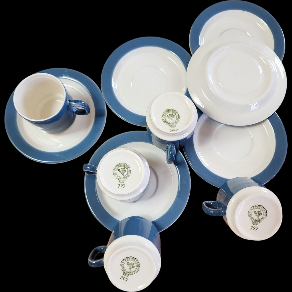 Pagnossin Blue-Gray Border Cream Flat Cup & Saucer 11 Pieces  Set of 5