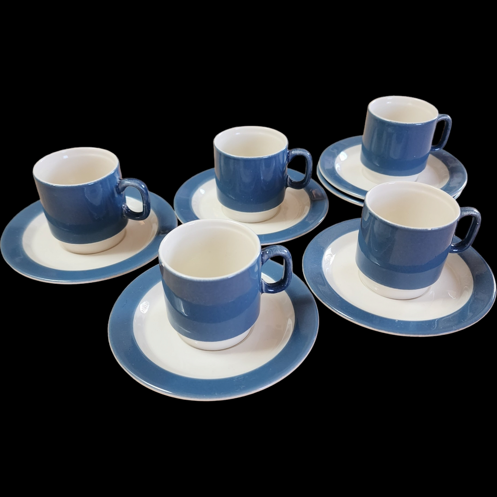 Pagnossin Blue-Gray Border Cream Flat Cup & Saucer 11 Pieces  Set of 5