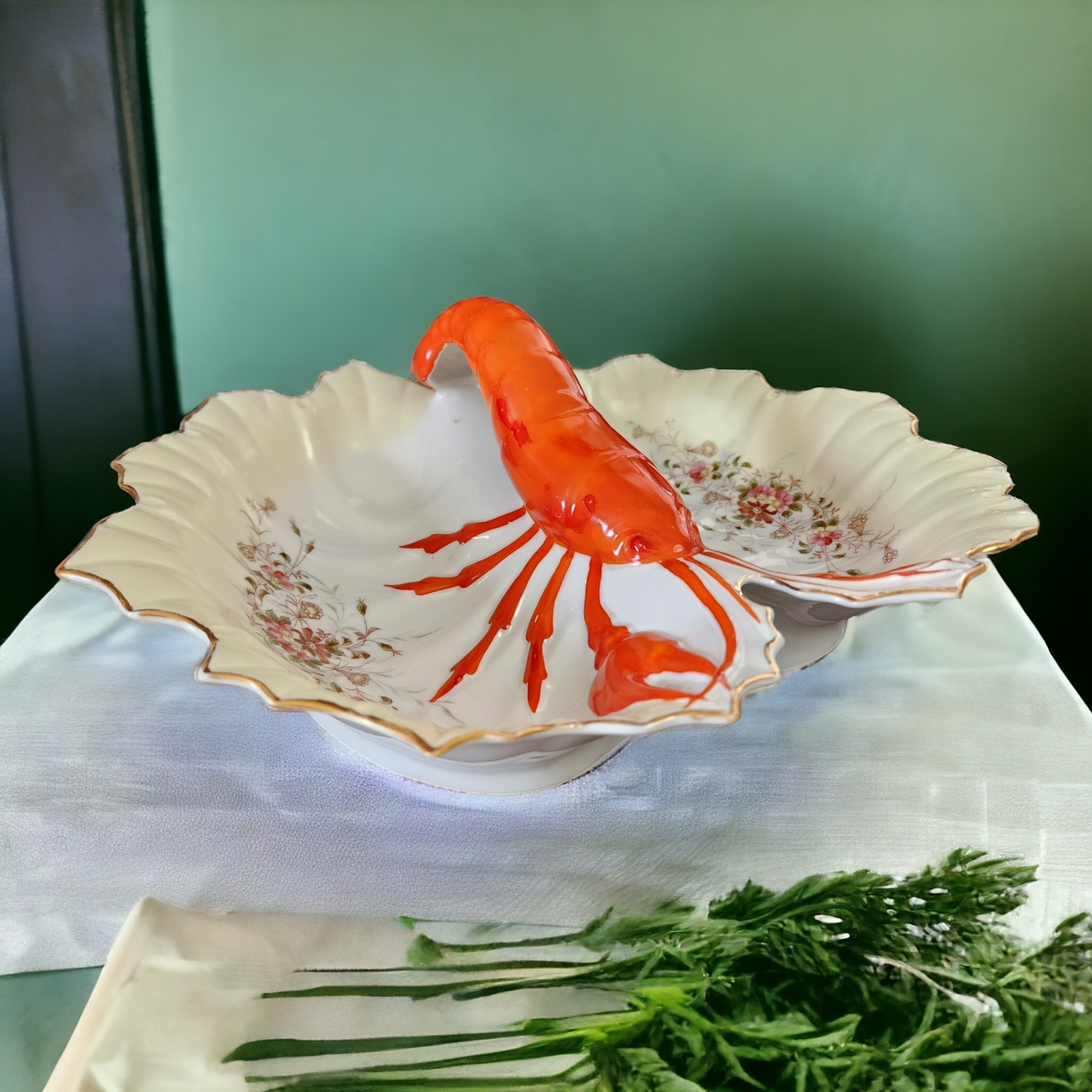 Painted Double-Sided Porcelain Painted Red lobster Handle Serving Dish Germany