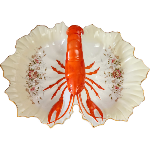 Painted Double-Sided Porcelain Painted Red lobster Handle Serving Dish Germany