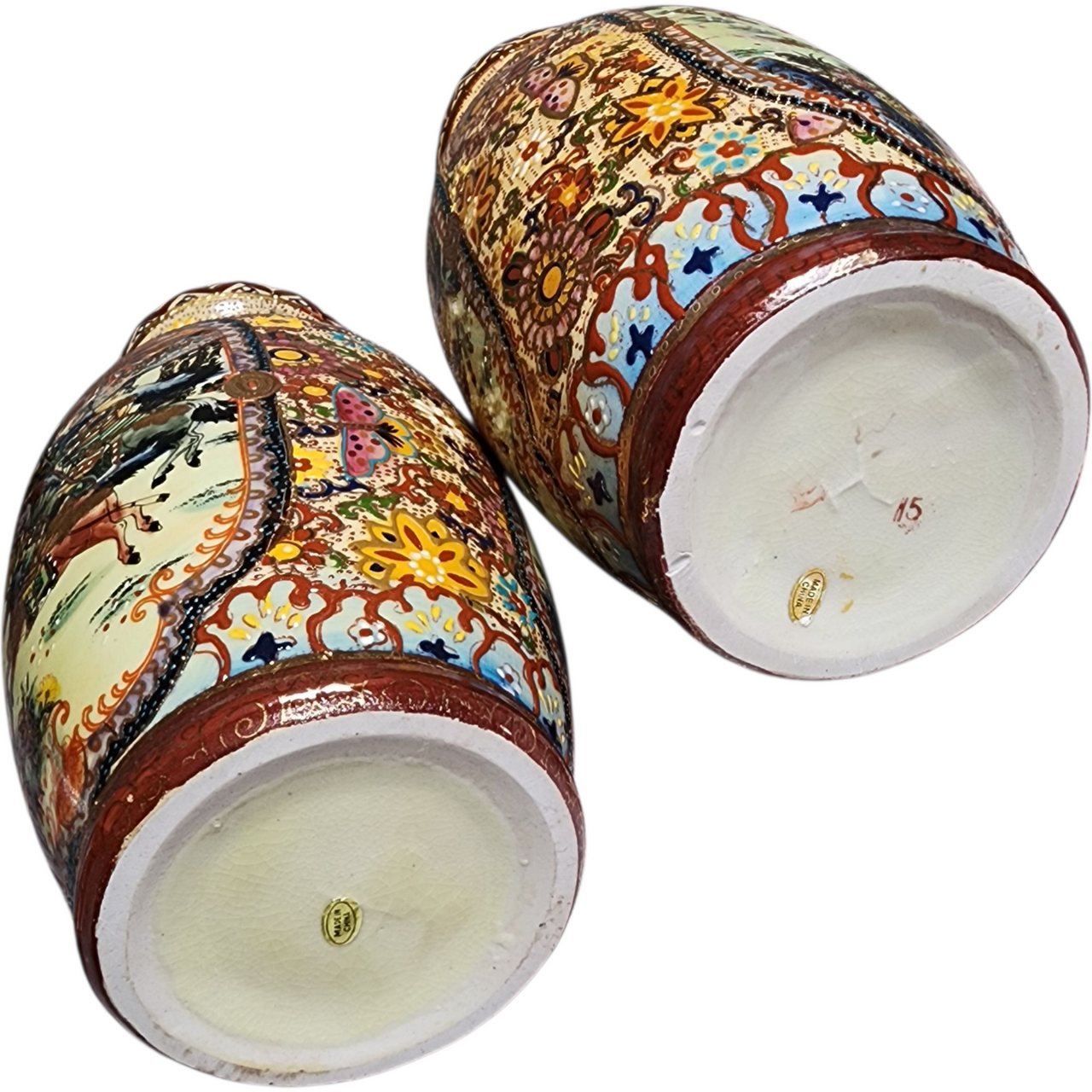 Pair of Vintage Japanese Satsuma Style Vases Hand Painted Warrior Scene & Floral Butterfly Motif, Mid-Century Oriental Decor