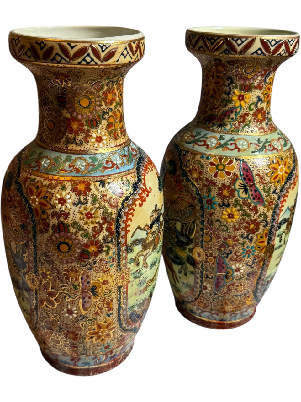 Pair of Vintage Japanese Satsuma Style Vases Hand Painted Warrior Scene & Floral Butterfly Motif, Mid-Century Oriental Decor
