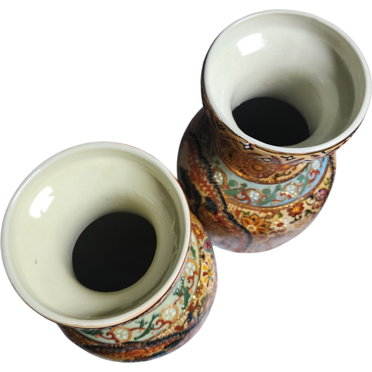 Pair of Vintage Japanese Satsuma Style Vases Hand Painted Warrior Scene & Floral Butterfly Motif, Mid-Century Oriental Decor