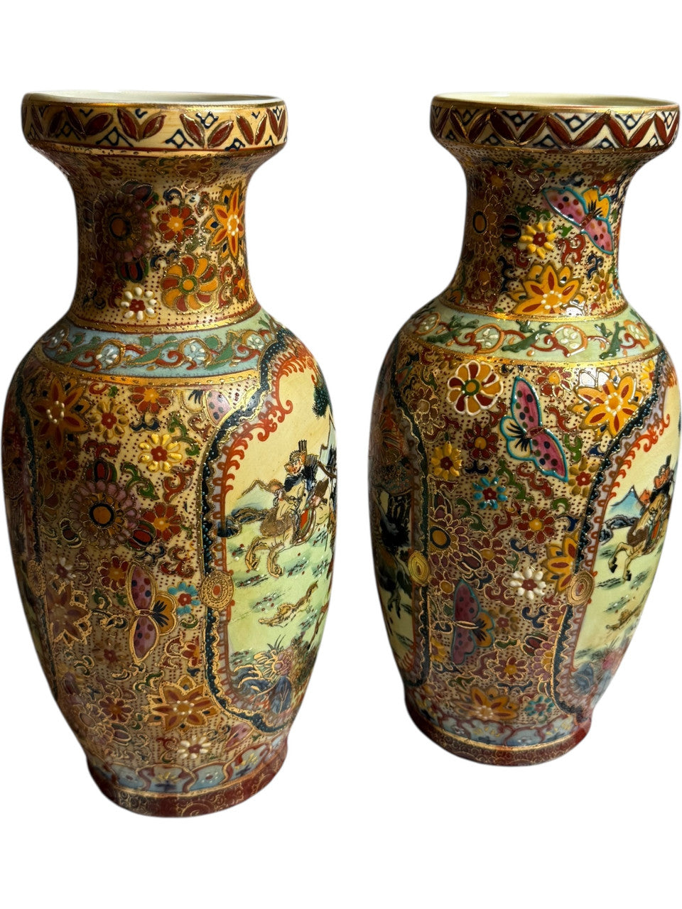 Pair of Vintage Japanese Satsuma Style Vases Hand Painted Warrior Scene & Floral Butterfly Motif, Mid-Century Oriental Decor