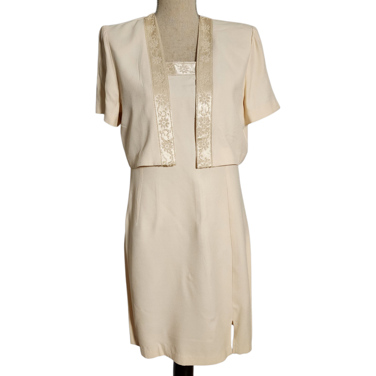 Vintage 90s Petite Perceptions by Irene B Cream Dress & Jacket Set Size 10 Beaded Trim Mother of the Bride