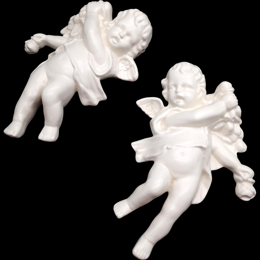 Pair of Vintage White Porcelain Cherub Angel Wall Plaques