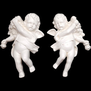 Pair of Vintage White Porcelain Cherub Angel Wall Plaques