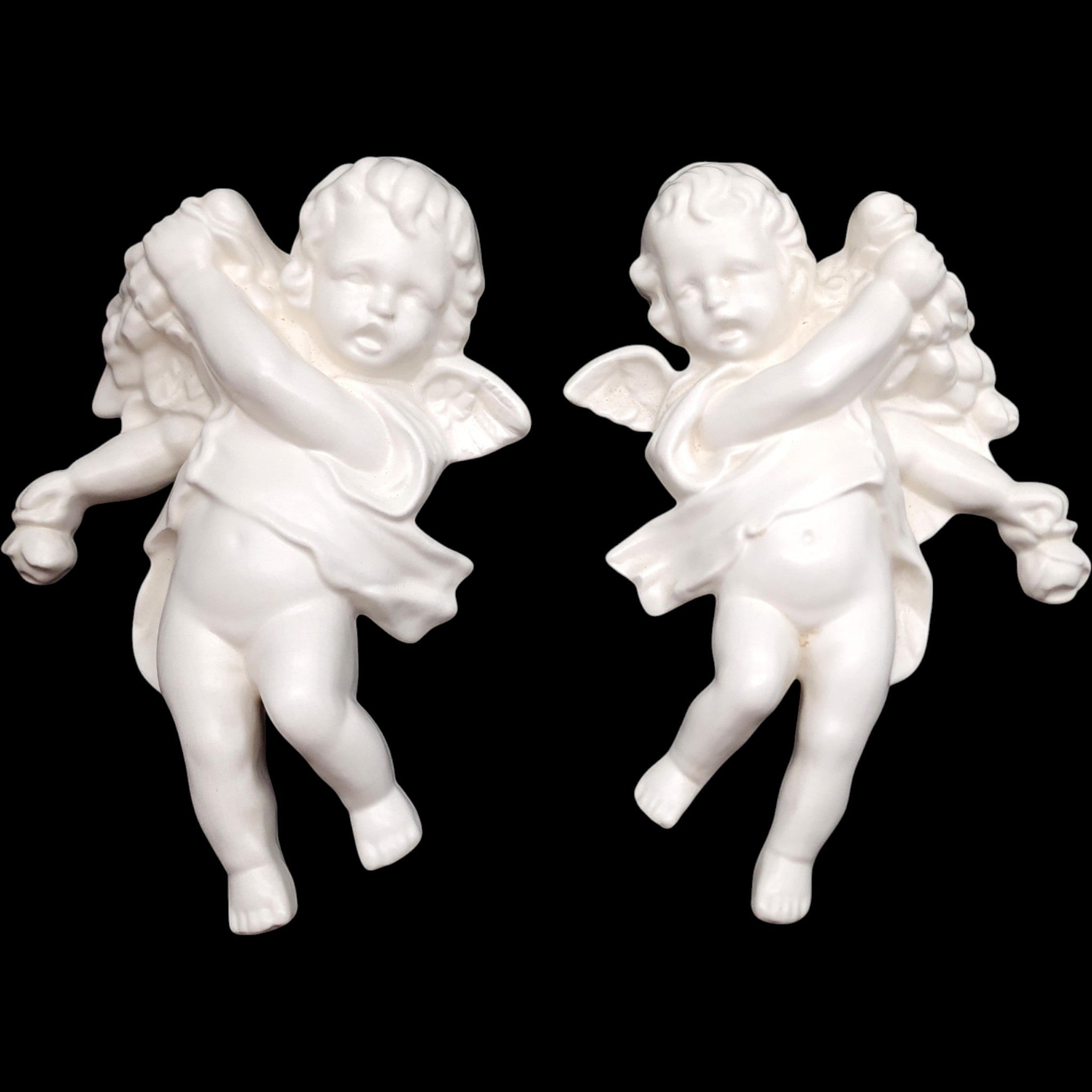 Pair of Vintage White Porcelain Cherub Angel Wall Plaques