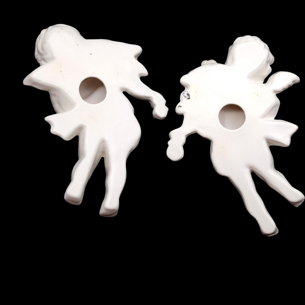 Pair of Vintage White Porcelain Cherub Angel Wall Plaques