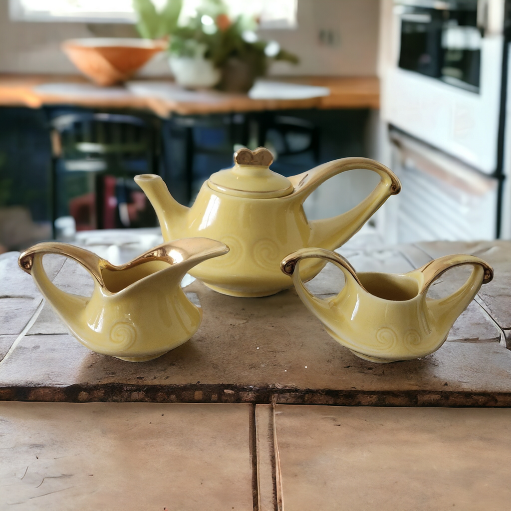 Pearl China Canary Yellow Embossed Gold Trim Three Piece Tea Set Service