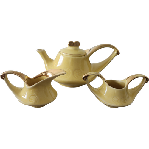 Pearl China Canary Yellow Embossed Gold Trim Three Piece Tea Set Service